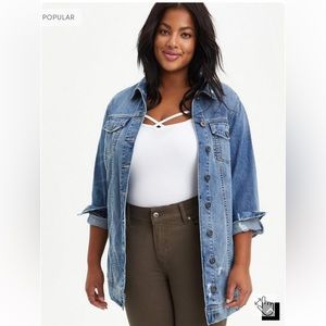 Torrid Medium Wash Longline Destructed Denim Jacket Size 3
